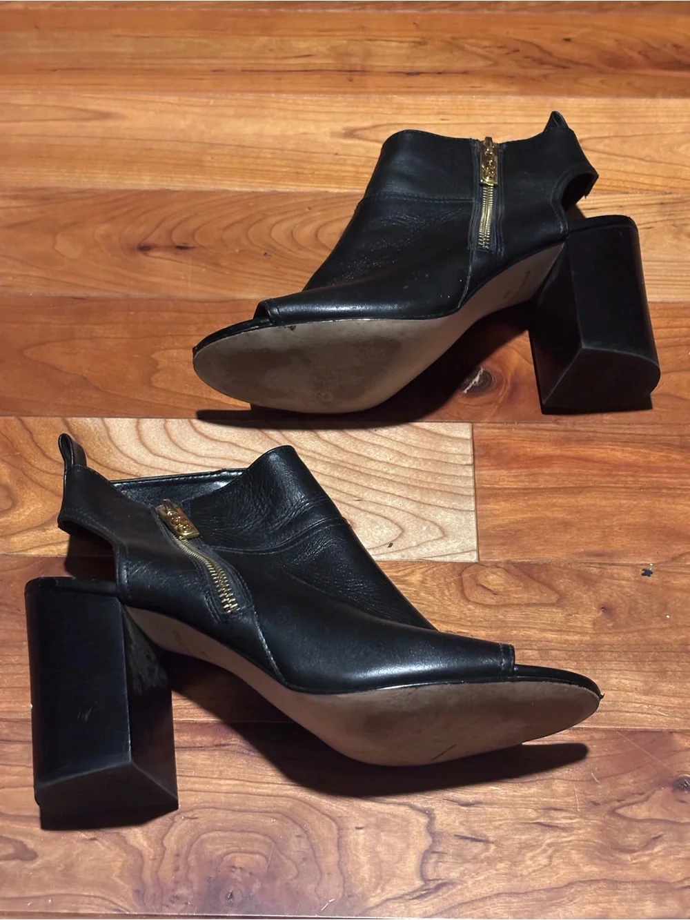 Cole Haan Black Leather Open-Toe Mule Clogs with Gold Zip